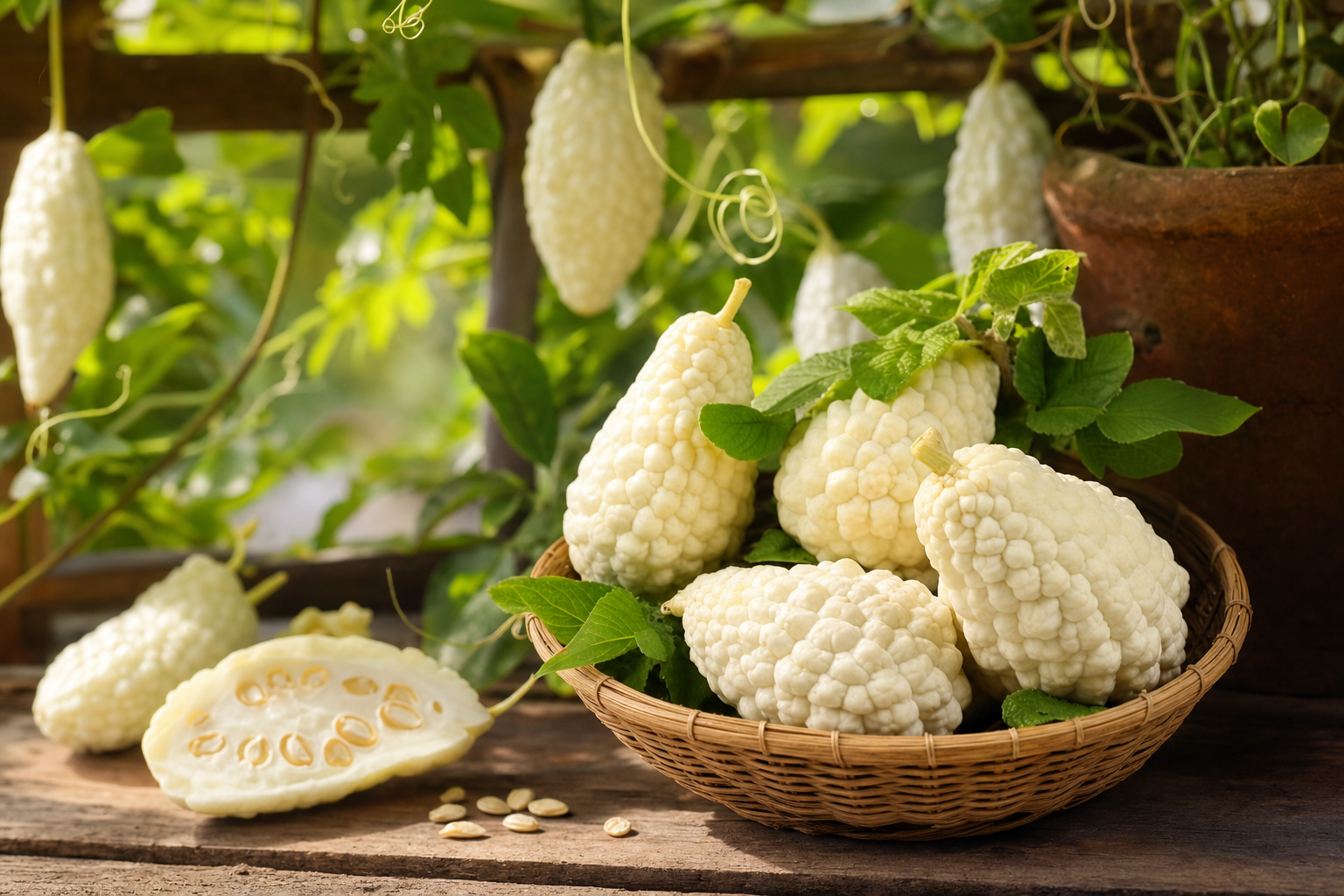 Nasiona balsamki ogórkowatej białej Momordica charantia, melon gorzki chiński do uprawy w ogrodzie i doniczce